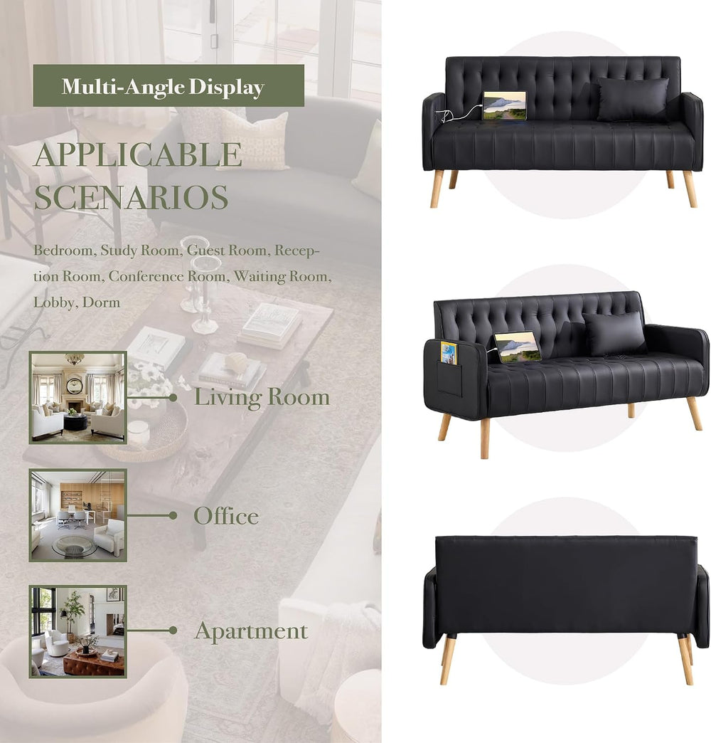 57โ Faux Leather Loveseat Sofa, Small Tufted Couch (1, Black)