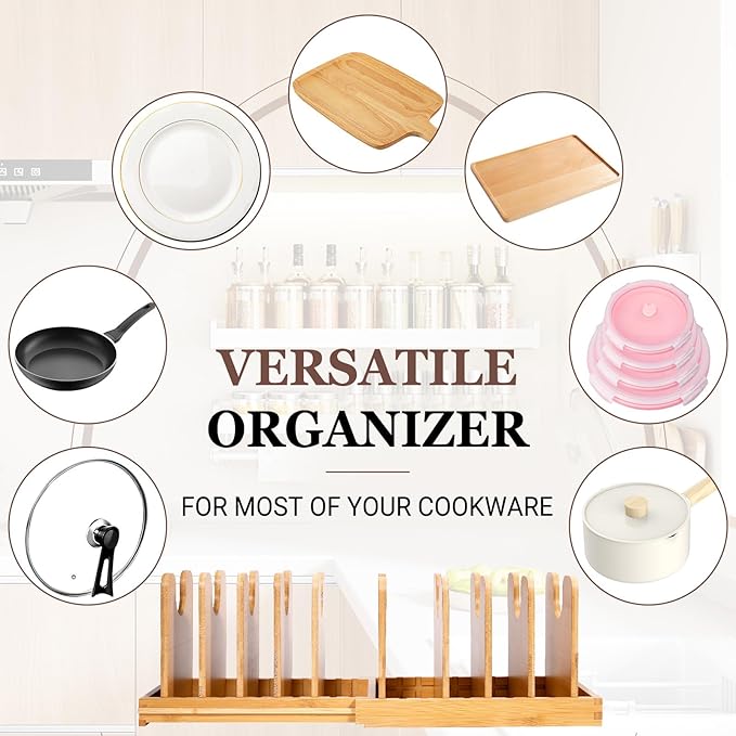 Bamboo Pot Lid Organizer, Pots and Pans Organizer Inside Cabinet, Pot Lids