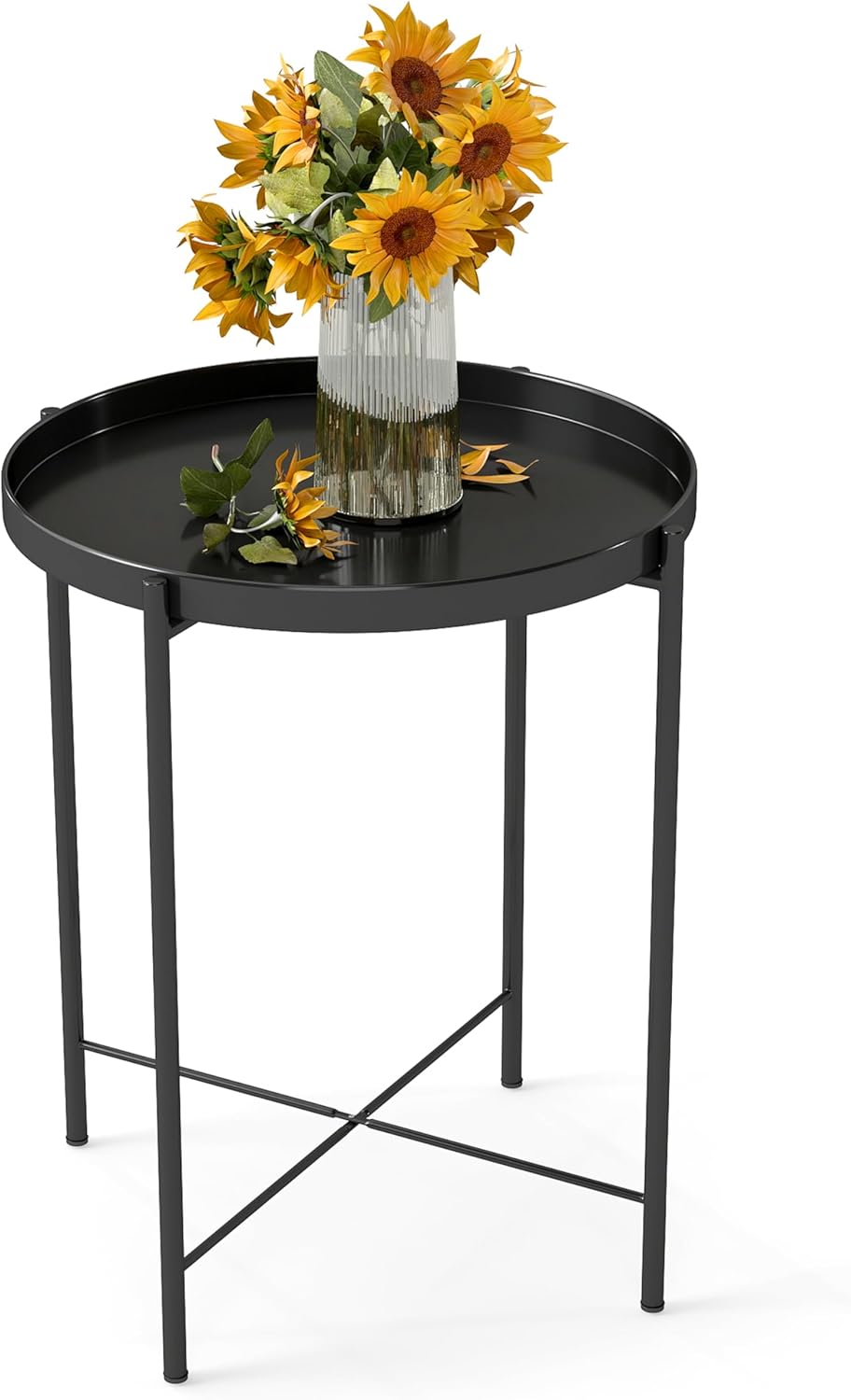 DDK 17" Round Metal Side Table with Removable Tray Top, Black Accent Tab...