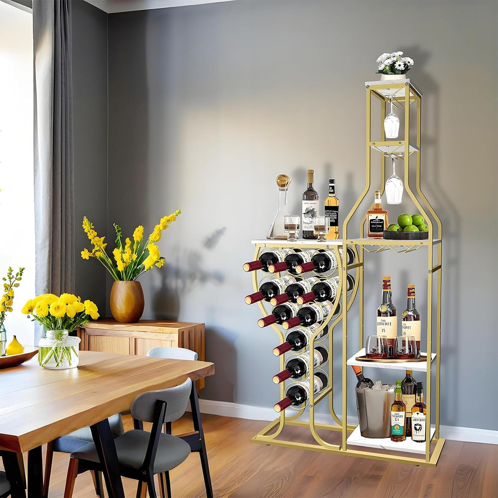 5-Tier Wine Rack Freestanding Floor, 11 Bottles Modern Wooden Wine Holder-Sto...