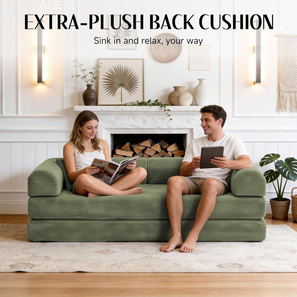 79" Corduroy Sofa Bed, Boneless Couch in a Box with 2 Pillows, High-Dens...