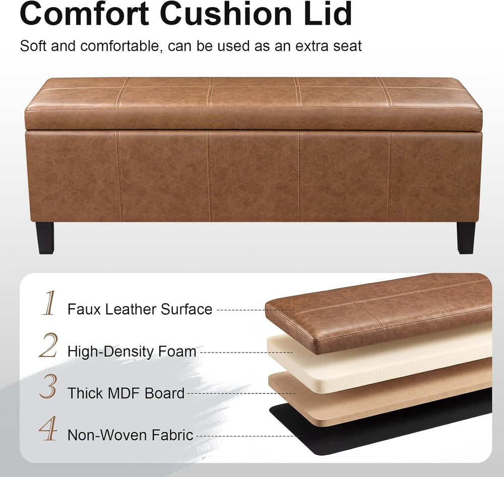 Faux Leather Storage Bench Ottoman, 50 Inch Upholstered Storage Bench with La...