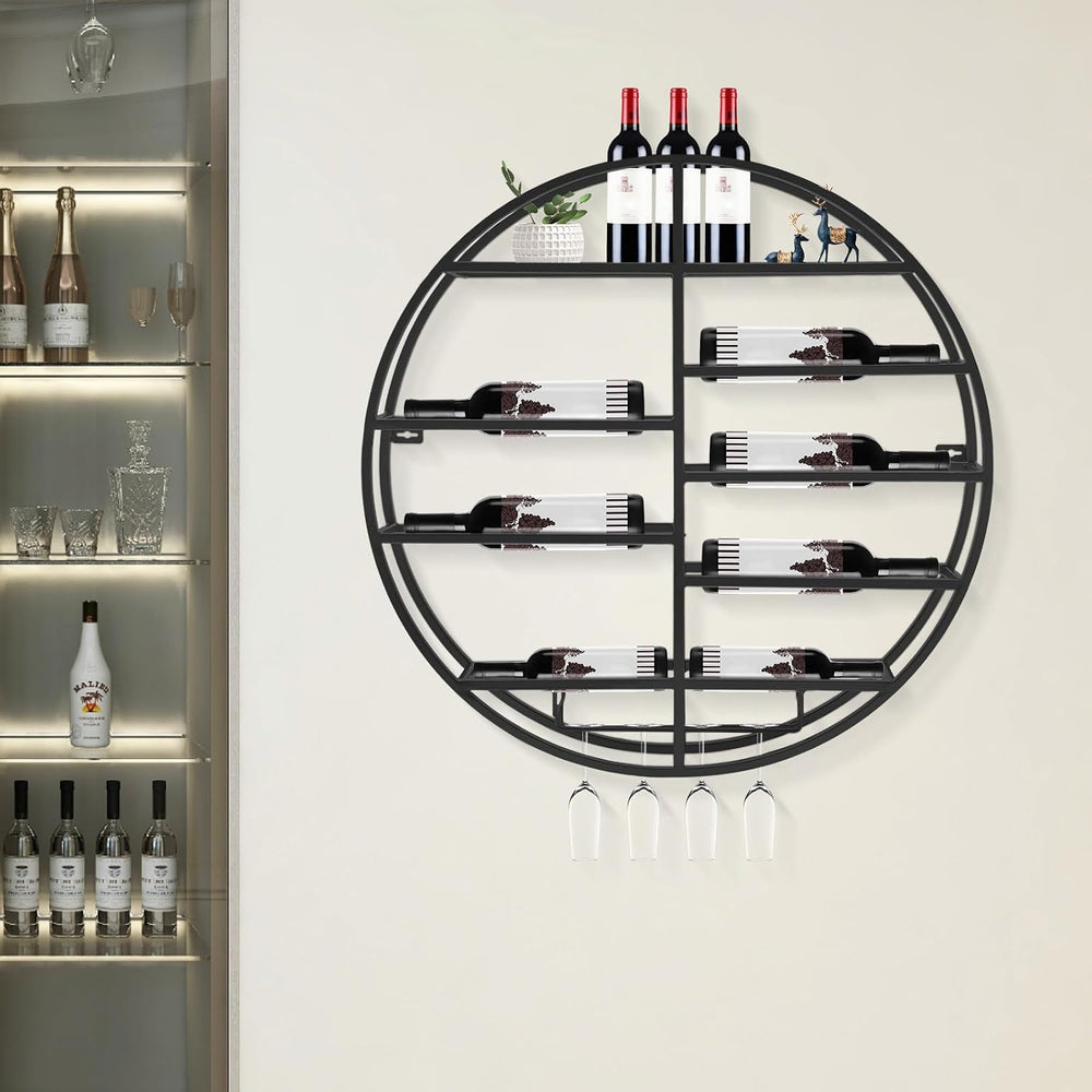 23.6 Inch Wall Mounted Wine Rack w/Glass Holder, Round Iron Wine Shelf, 7 Bot...