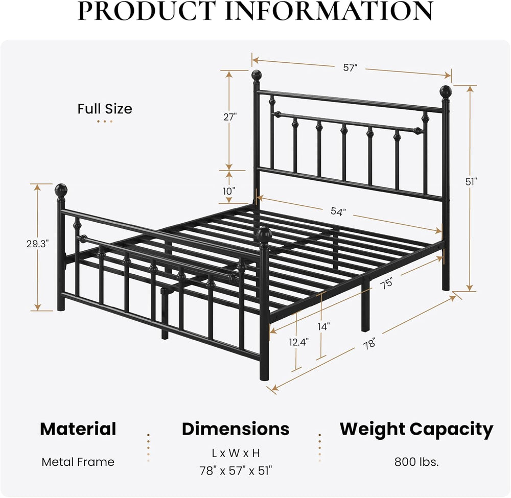 SHA CERLIN 14" Full Size Metal Platform Bed Frame/Victorian Headboard an...