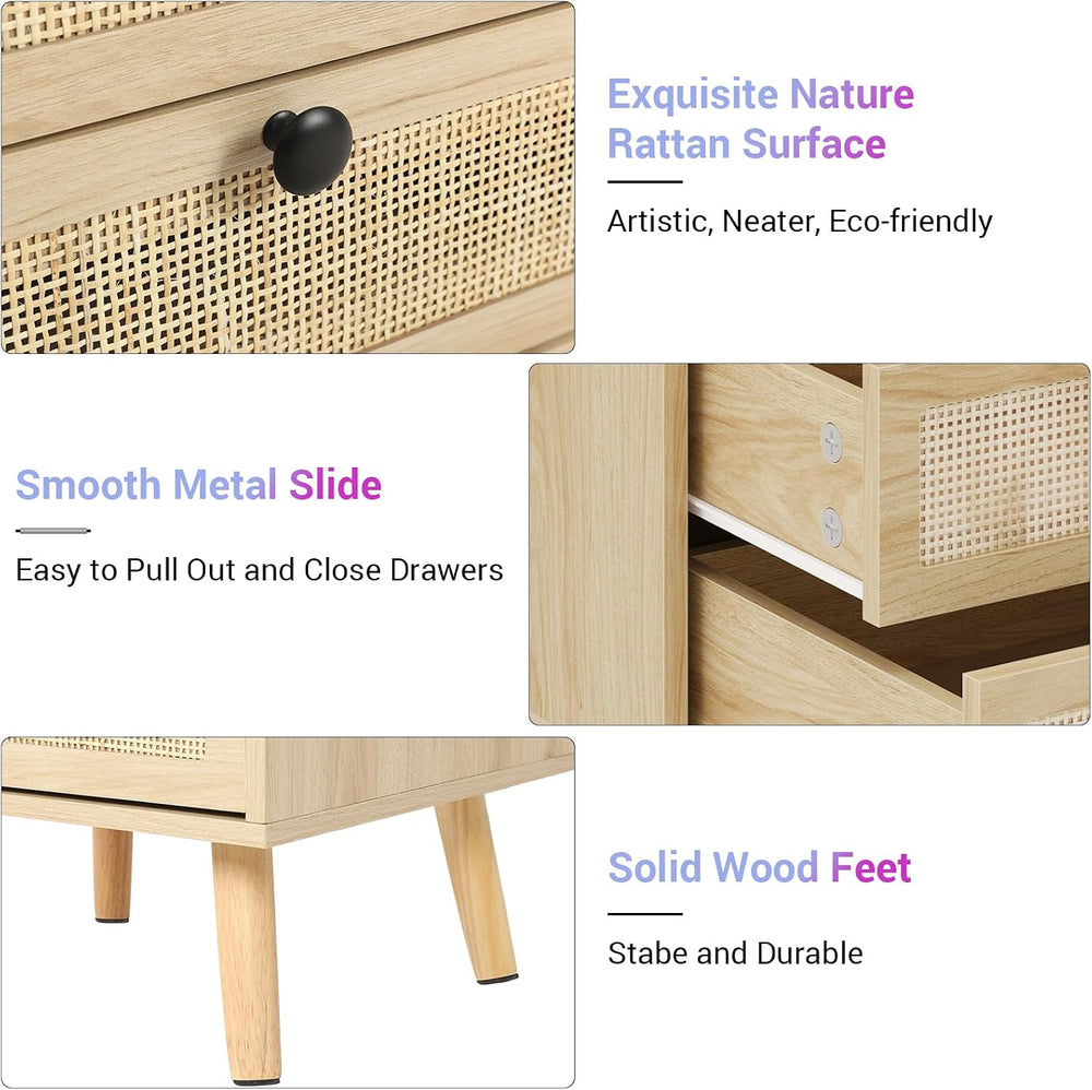 AOGLLATI Rattan Nightstands Set of 2 with Charging Station and LED, Boho Nigh...