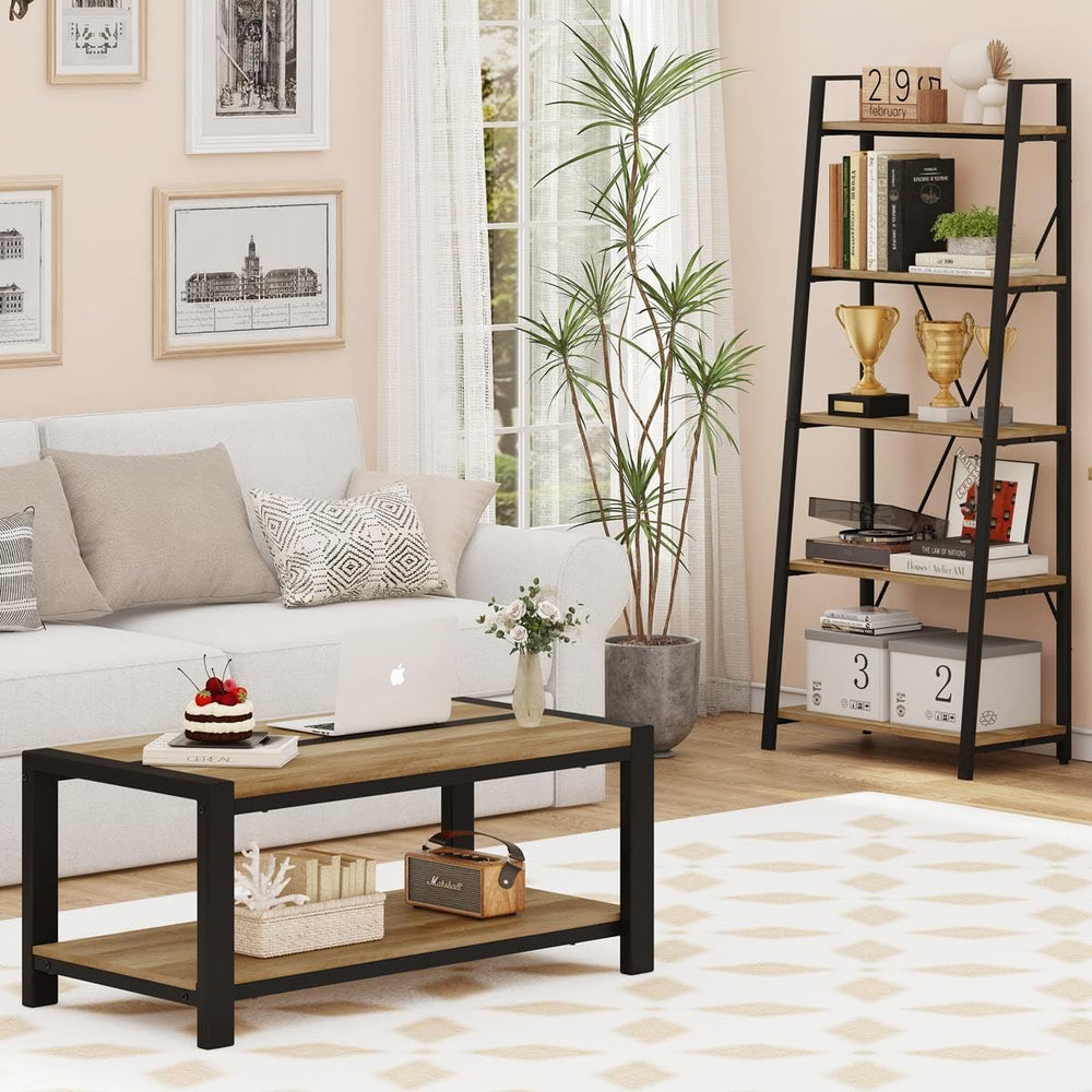 BON AUGURE Coffee Table with 2-Tier Open Shelf, Industrial 43In Vintage Oak