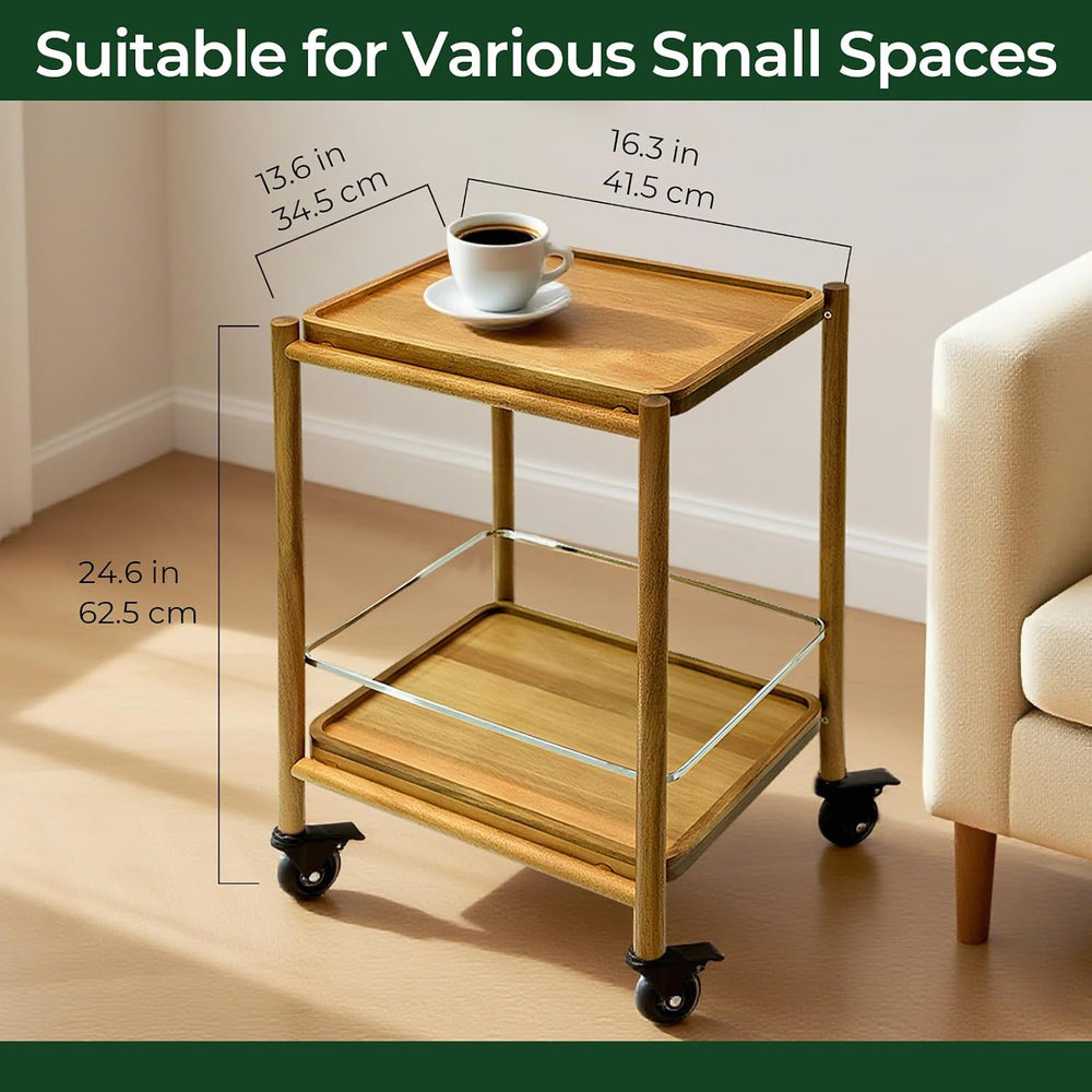 Acacia Wood Rolling Side Table, 2-Tier with Lockable Wheels & Removable T...
