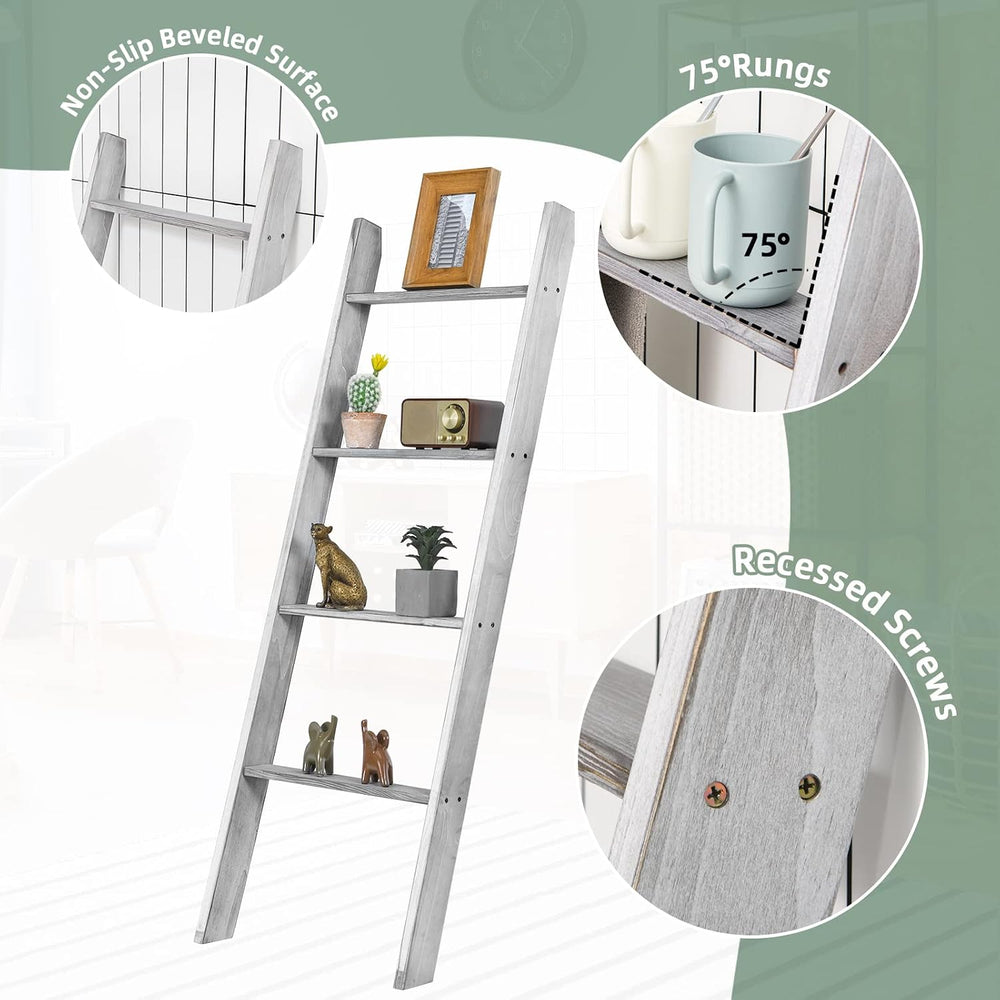 Tangkula 4-Tier Wooden Blanket Ladder, 4.5 ft Farmhouse Storage Rack, Wall Le...