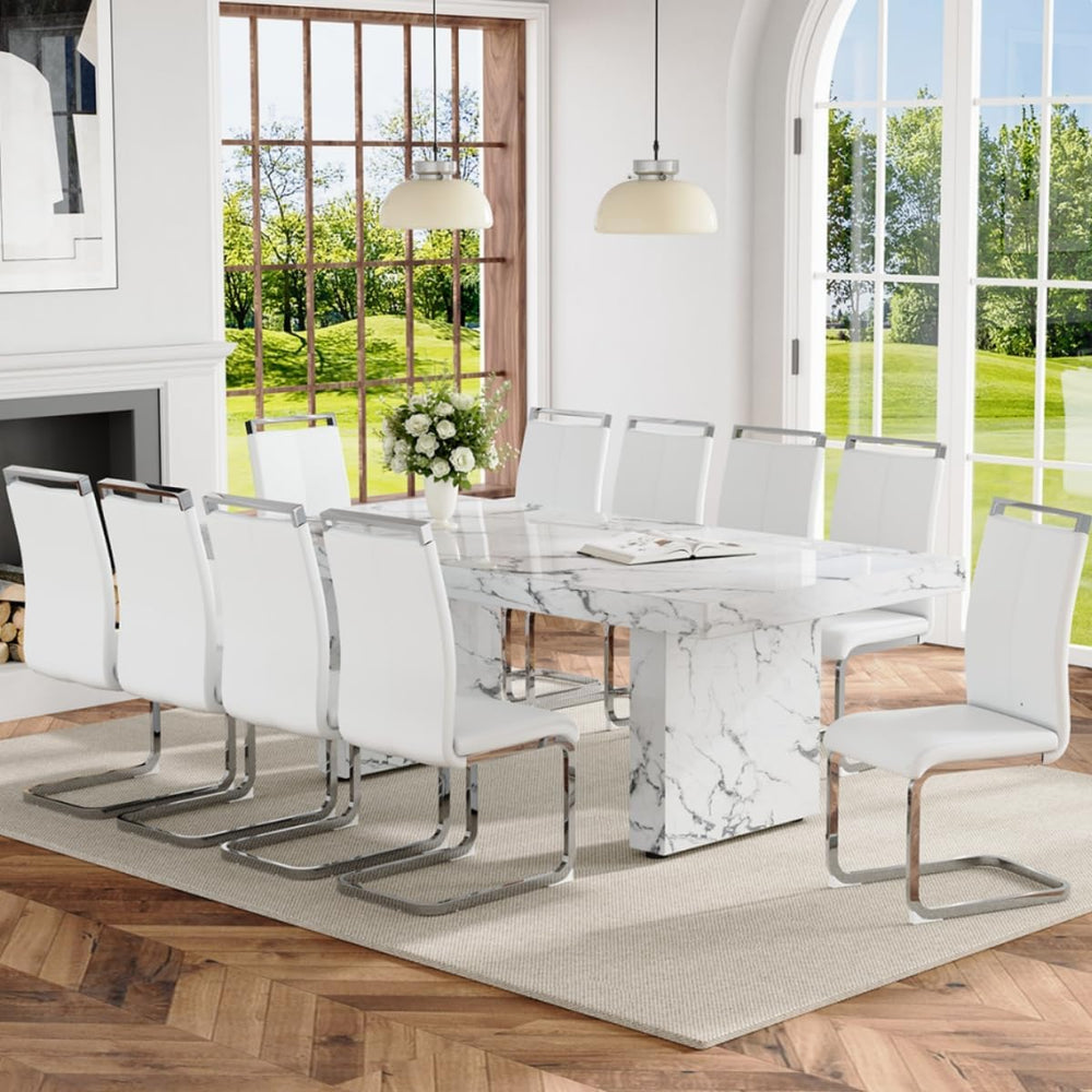 Ebullient 79'' Marble Dining Table Set for 10, 3.5'' White Ma...
