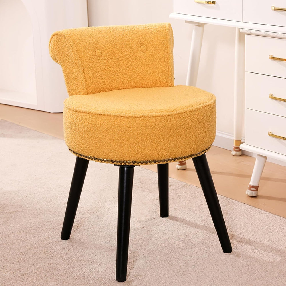 Teddy Yellow Vanity Chair with Back, Sherpa Stool with Tufted Backrest | Gold...