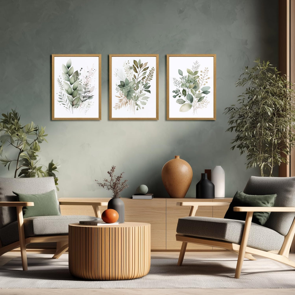 LLEEMPI Sage Green Botanical Wall Art Set of 3, 12x16 Wood Framed Prints
