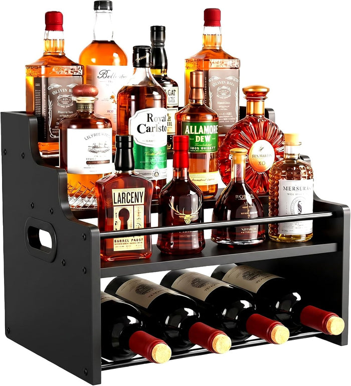 4-Tier Wood Display Shelf Wine Rack for 16 Bottles Wood Coffee Syrup Organizer with Handles Home Whiskey Shelf Retro Mini Liquor Cabinet Spice Rack Coffee Bar Shelves, Black