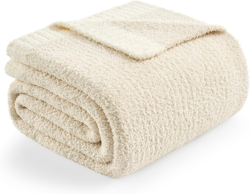 Snuggle Sac Buttery Ivory Throw Blanket for Couch, Reversible Super Soft Knit...