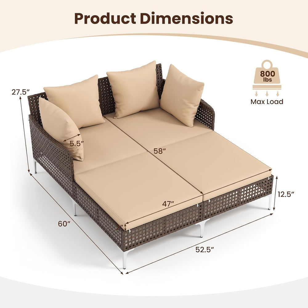 Tangkula Outdoor Rattan Double Daybed, Boho Wicker Chaise Lounge for 2 with S...