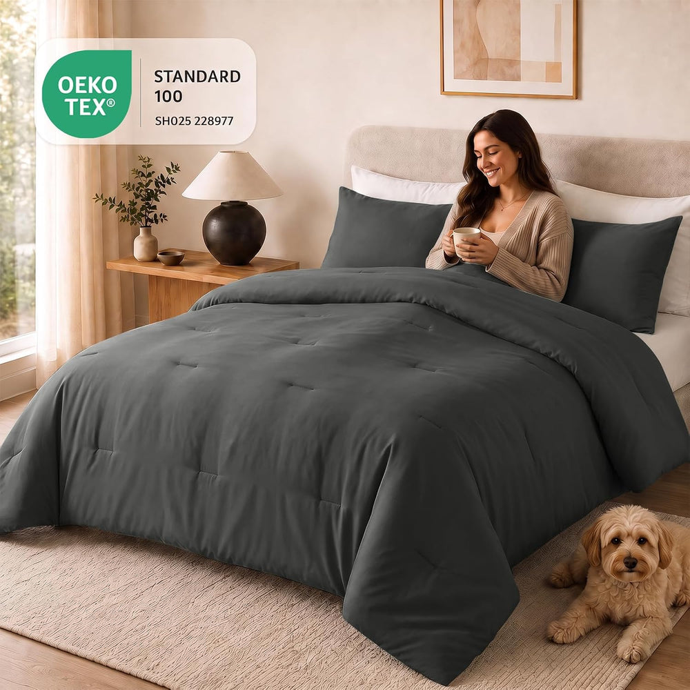 CozyLux Full Comforter Set, 3 Pieces Down Alternative Bedding, Dark Grey