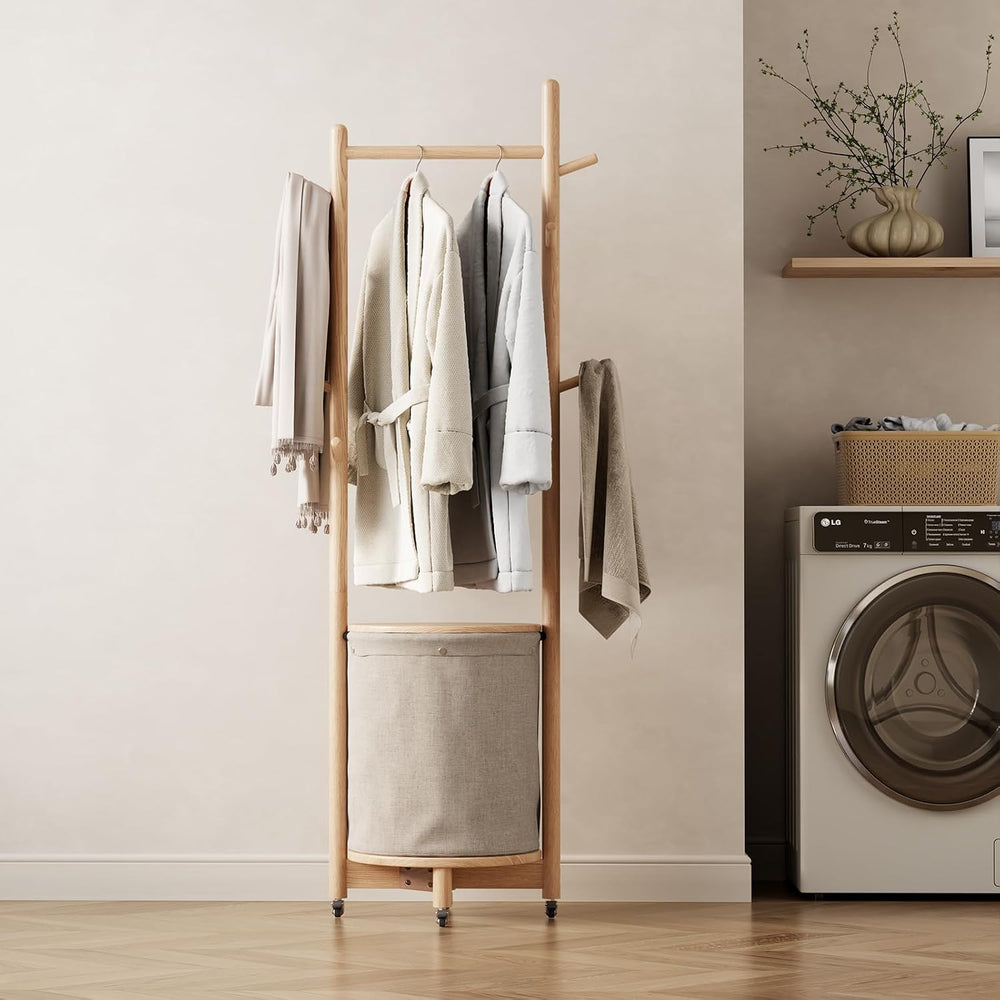 CycleCrew Solid Wood Coat Rack with Fabric Basket - Freestanding Coat Rack Ro...