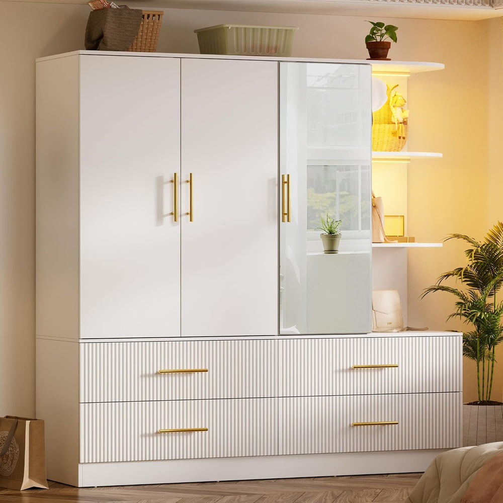 PAKASEPT Armoire Wardrobe Closet with 3 Door, Mirror, LED Lights