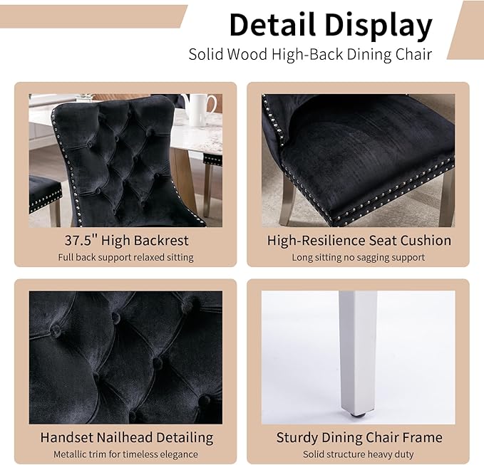 Luxury Upholstered Dining Chairs Set of 6, Black Kitchen Chair with Silver Me...