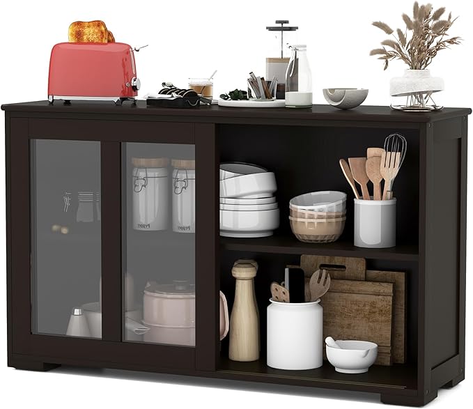Costzon 2-Pack Wooden Kitchen Storage Cabinet with Adjustable Shelf, Sliding ...
