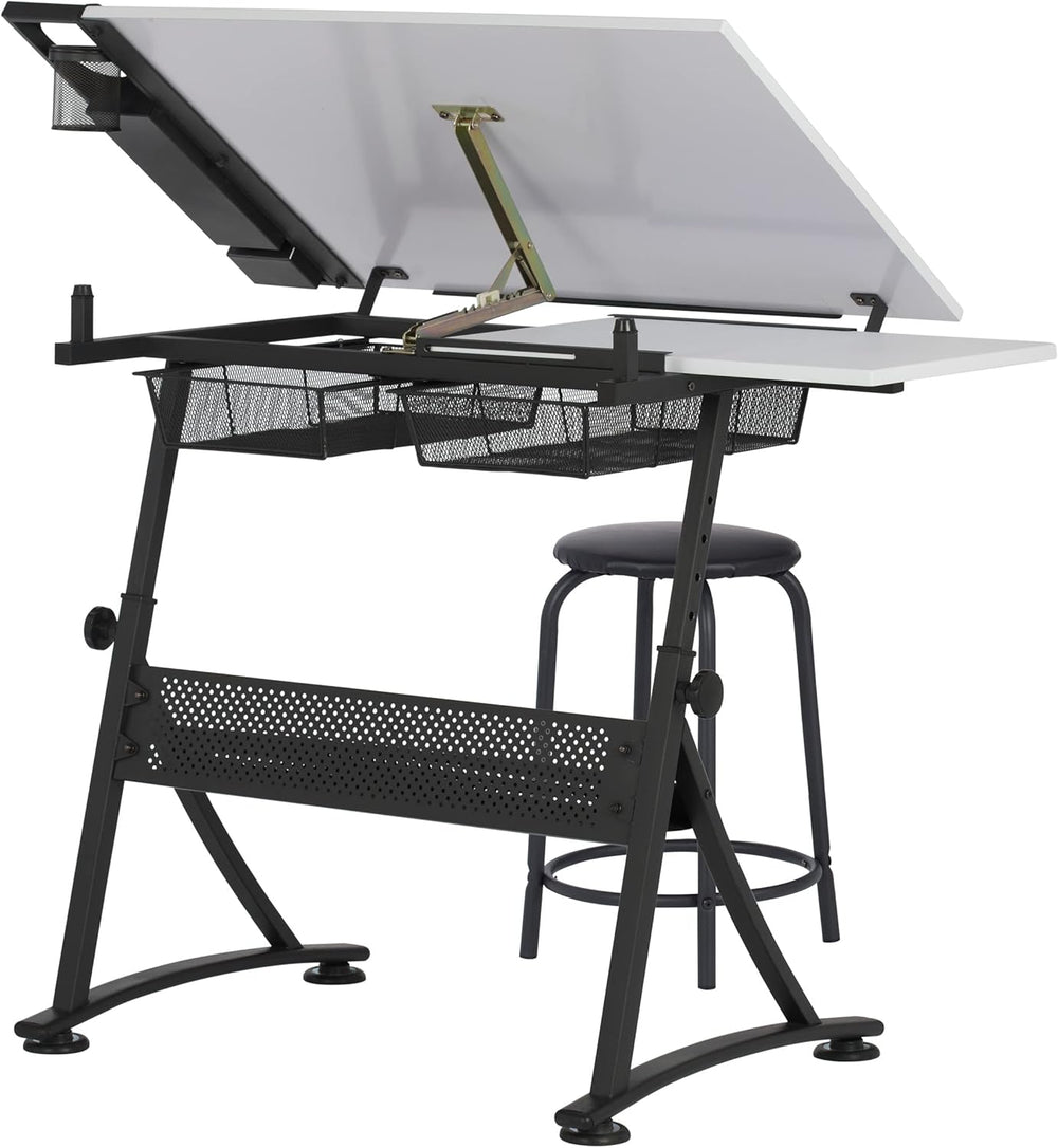 Fusion Drafting Table with Stool, Height Adjustable Desk with Tilt Top, Charc...