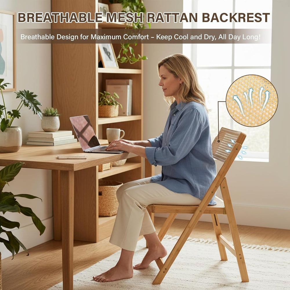 Furlide Rattan Folding Chair, Bamboo Dining Chair for Kitchen, Wood