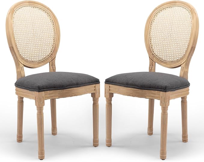 Rattan Back Upholstered Dining Chairs Set of 2 French Country Oval Kitchen Si...