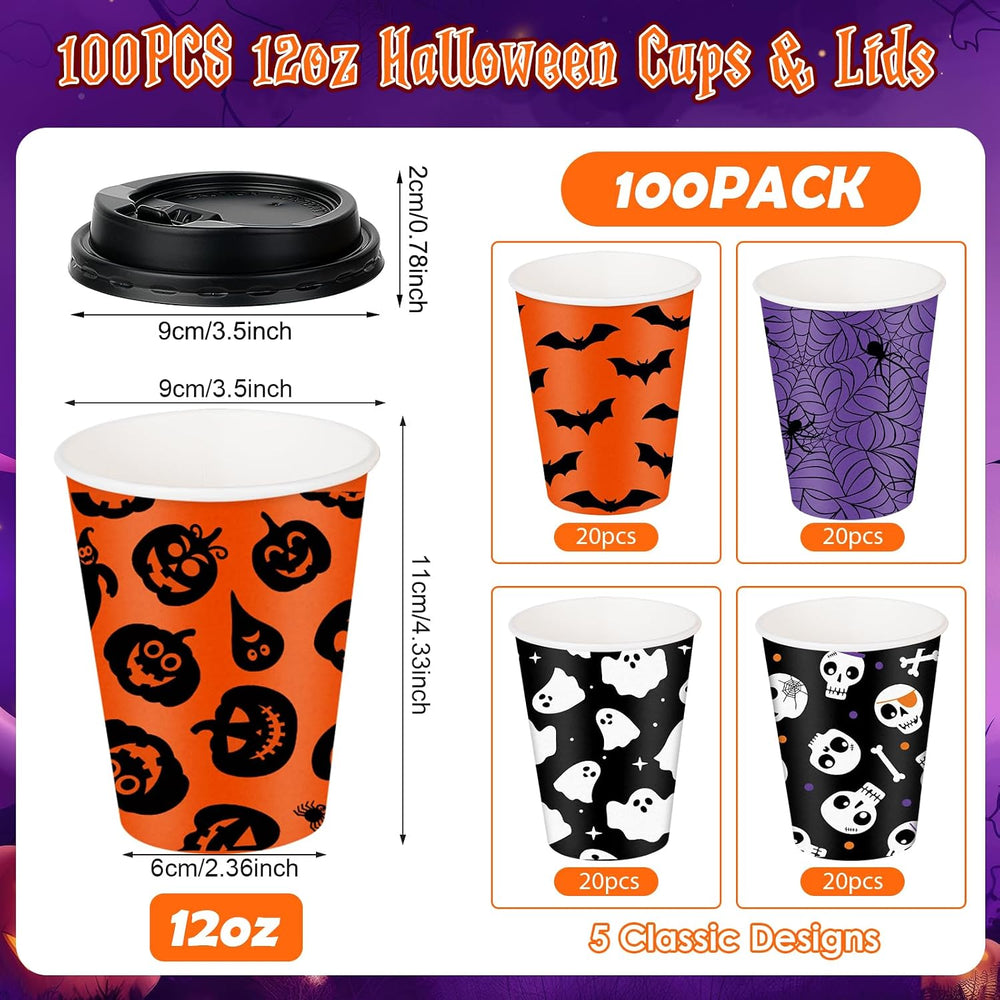 100 Set Halloween Disposable Coffee Cups with Lids 12oz, Bulk Black Orange Pu...