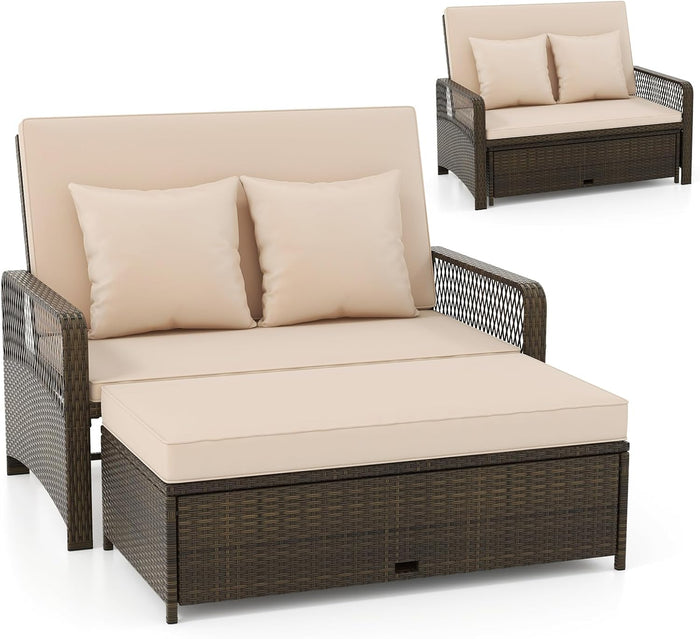 Outdoor Daybed, Wicker Loveseat Sofa Set with Storage Ottoman, 4-Level Adjustable Backrest, Sofa Pillows & Cushions, Ratten Double Bed Lounger Furniture Set for Poolside & BackYard (Brown)