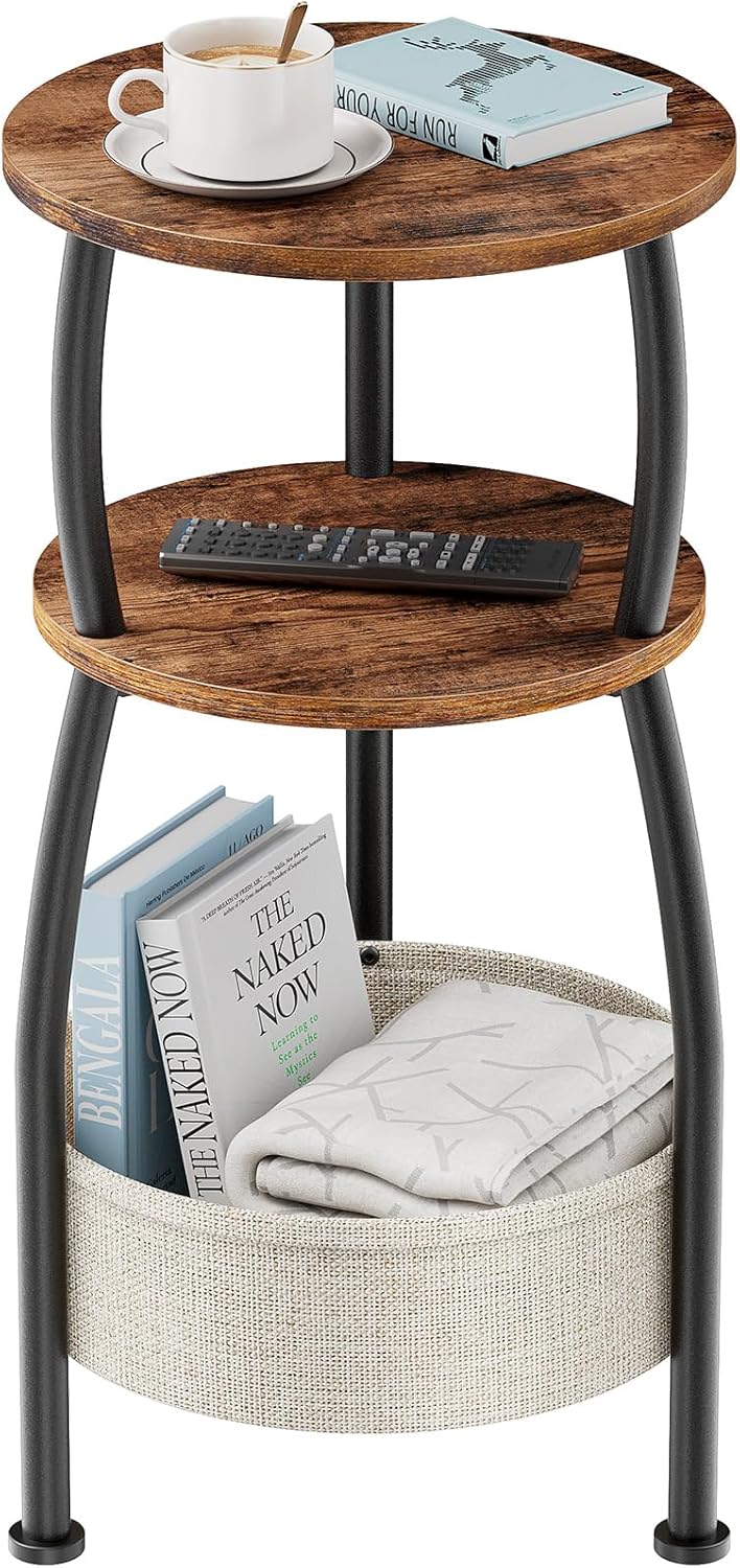 Round Side Table for Small Spaces with Storage Basket –Small End Table 3-Tier...