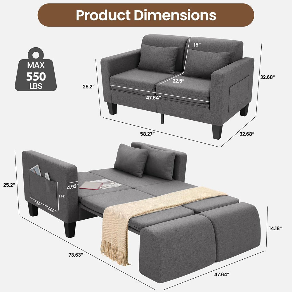 6-in-1 Convertible Sofa Bed, 58" Loveseat Sleeper Sofas, Gray