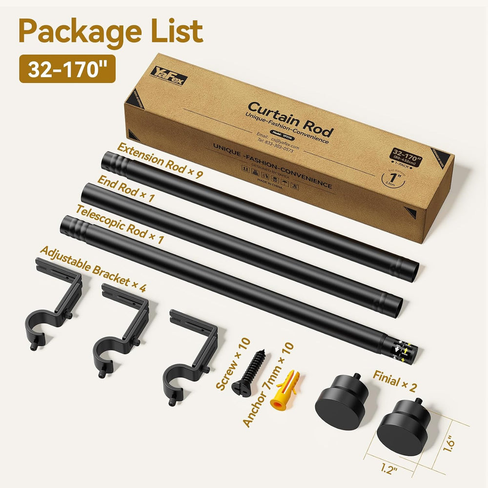 YaFex Curtain Rods 32-170 Inch, Heavy Duty 1 Inch Adjustable Curtain Rod for ...
