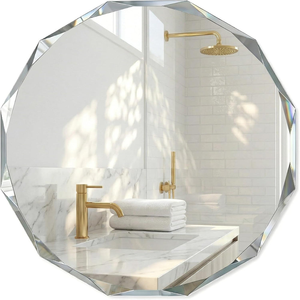 24" Round Frameless Beveled Mirror, Diamond Cut Edge Wall Mirror for Bat...