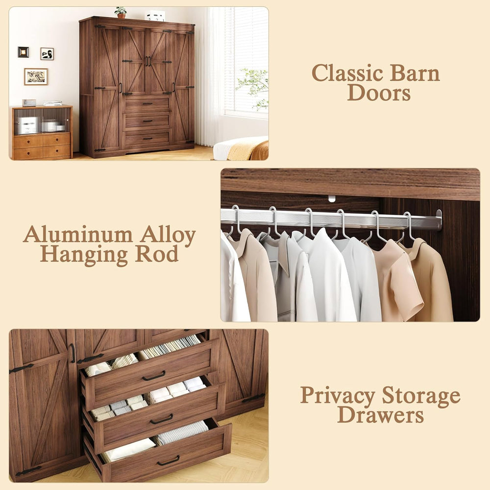 70" Tall Armoire Wardrobe Closet with 4 Doors & 3 Drawers, Farmhouse...