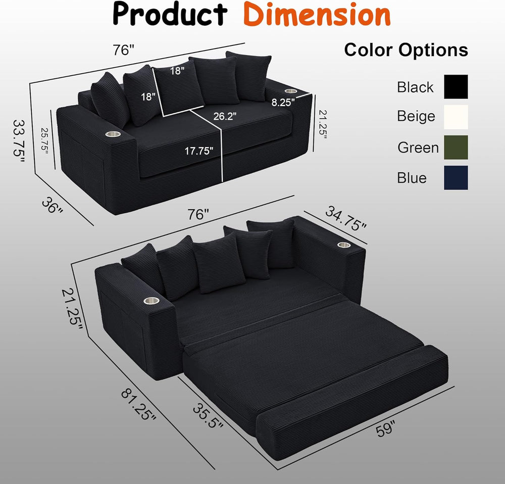 76" Convertible Sofa Bed, Corduroy Boneless Couch with Cup Holders &...