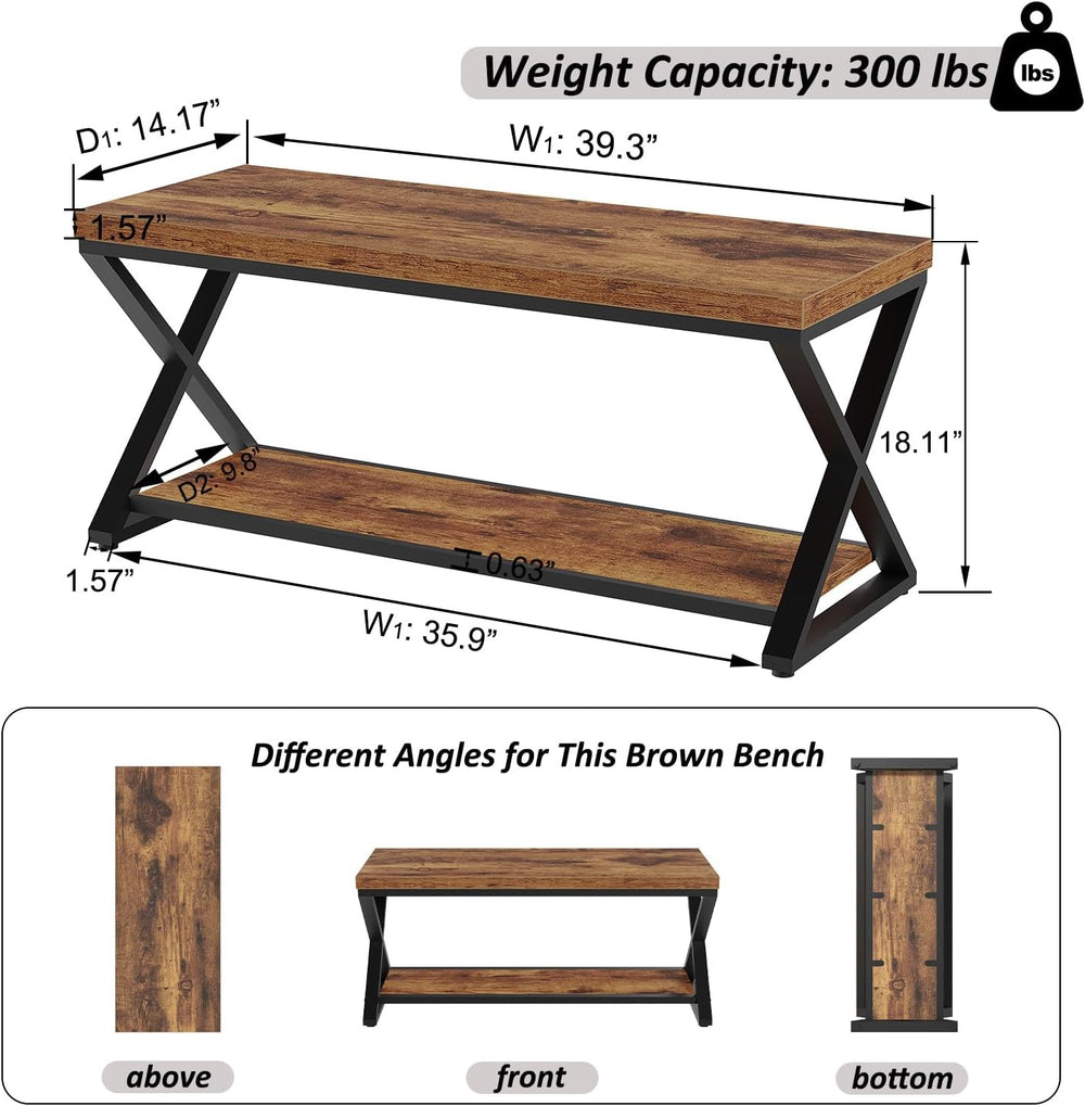 IBF Rustic Entryway Bench with Storage, Rustic Brown Wood and Metal Bench