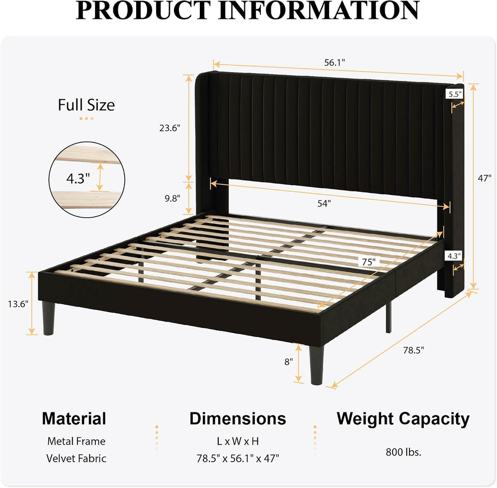 SHA CERLIN Full Size Velvet Bed Frame, Tufted Wingback Headboard, Black