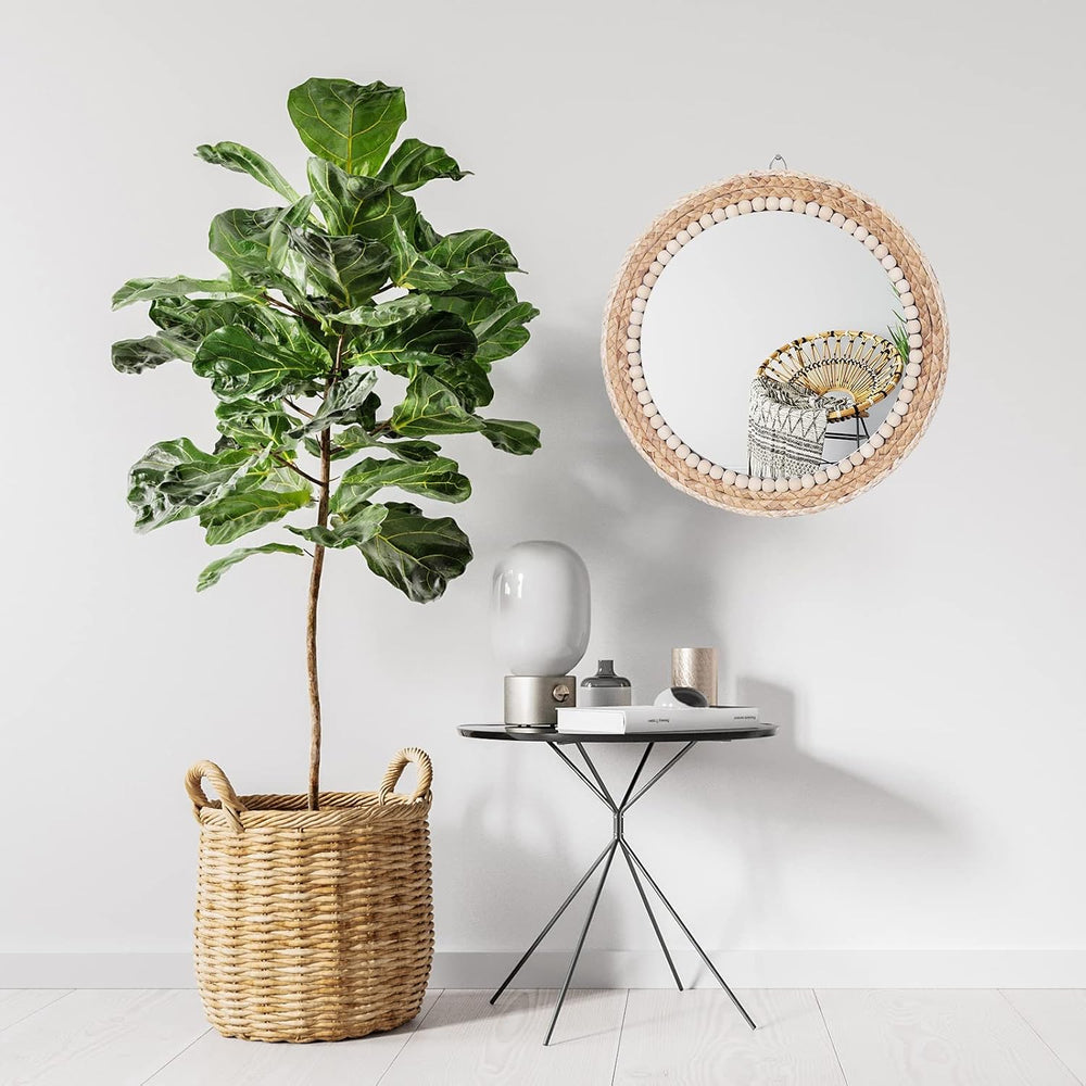 15 Inch Boho Round Hanging Wall Mirror Decorative Rattan Circle Mirrors for F...