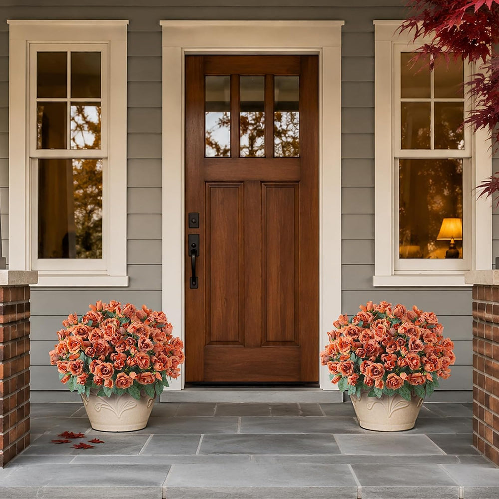 2Pcs Artificial Fall Rose Flower Topiary Tree for Front Porch Decor(Orange)