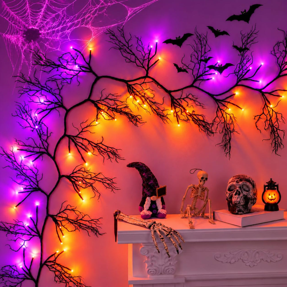 9Ft Lighted Halloween Garland Decorations Indoor, 66 LED Orange & Purple ...