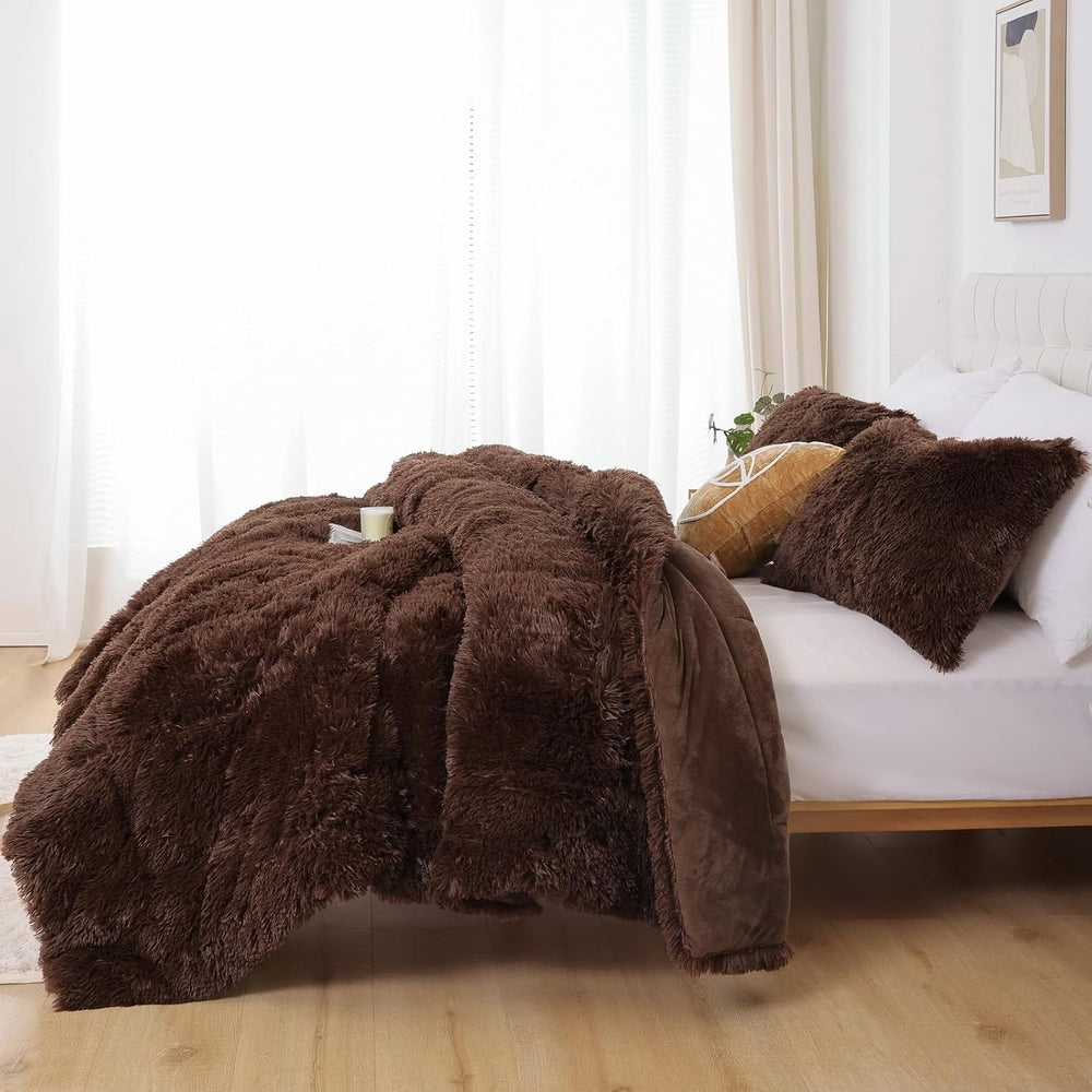 Smoofy Fluffy Queen Comforter Set, Brown Faux Fur Comforter Set 3 Pieces