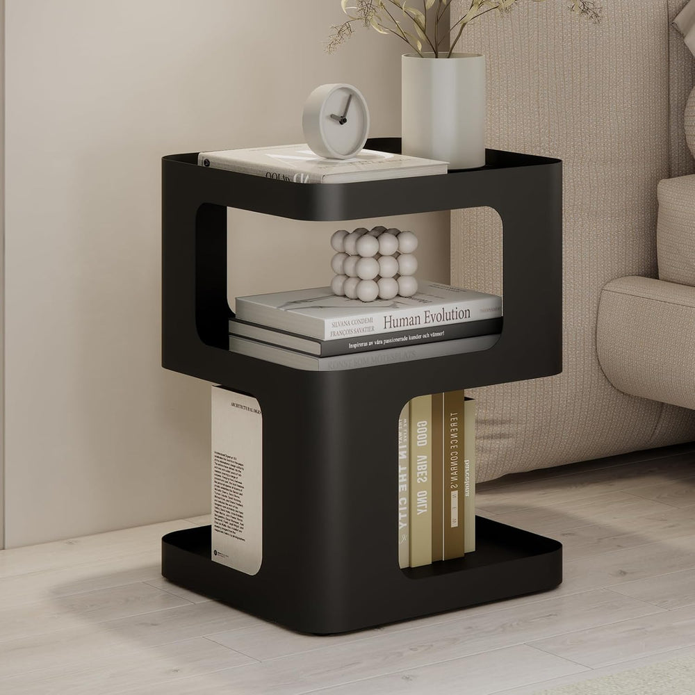Modern Side Table for Sofa & Couch,Black Metal Bedside Table,3 Tier end T...