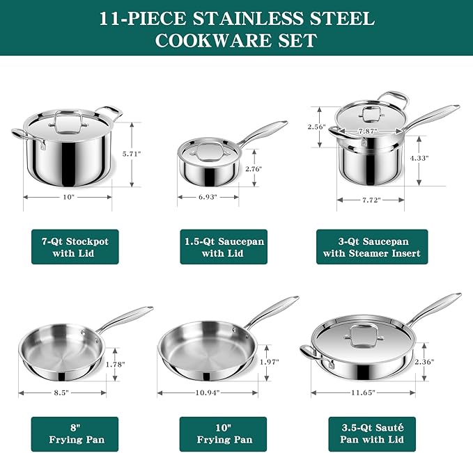 EWFEN Pots and Pans Set, 3 Ply 11 Piece Stainless Steel Cookware Set, Oven
