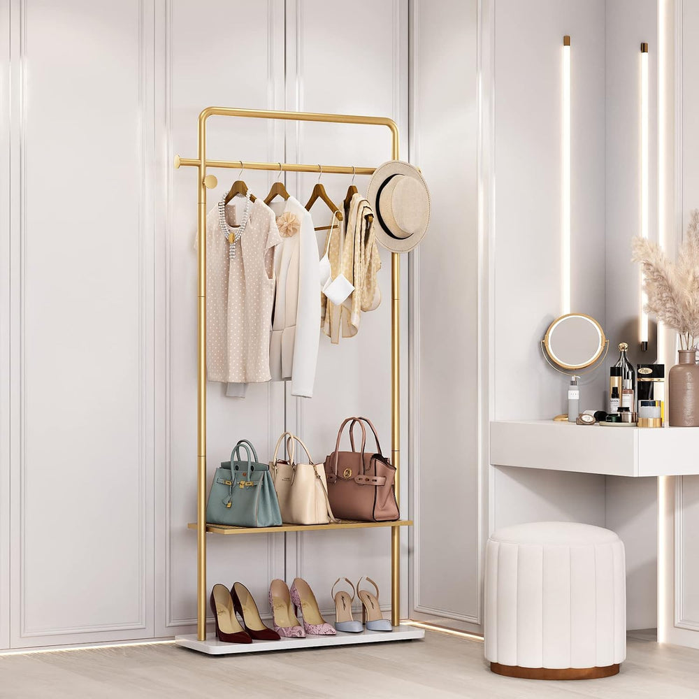 TIEOU Gold Coat Racks with Shelf, Heavy Duty Gold Clothing Racks for Boutique...