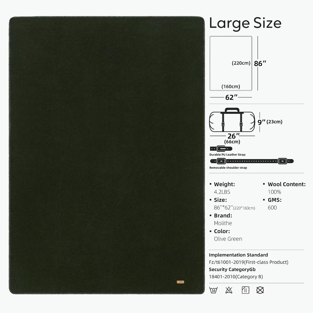 100% Wool Blanket, 62" x 86", Warm, Thick, Military, Camping Gear