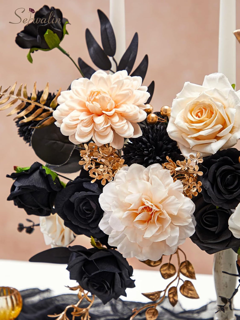 Serwalin Artificial Flowers Black Gold Champagne Silk Flowers for Wedding