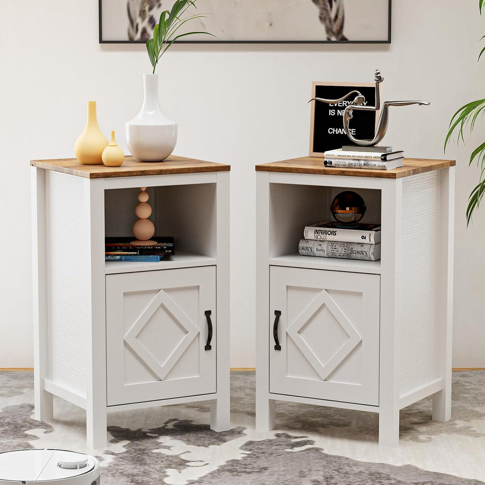 BVIUNTWO Set of 2 Modern White Side Tables with Cabinet & Open Department...