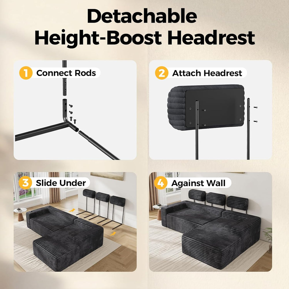 CAMMOO Couch Headrest Extender, 3 Pack Grey Corduroy