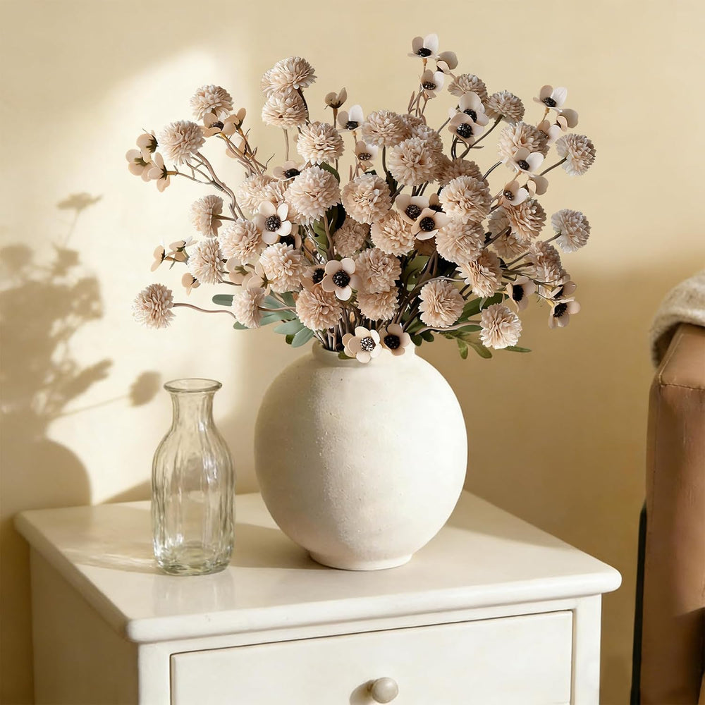 12 Pcs Fake Flowers Beige Faux Pompon Mums Artificial Flowers for Vase