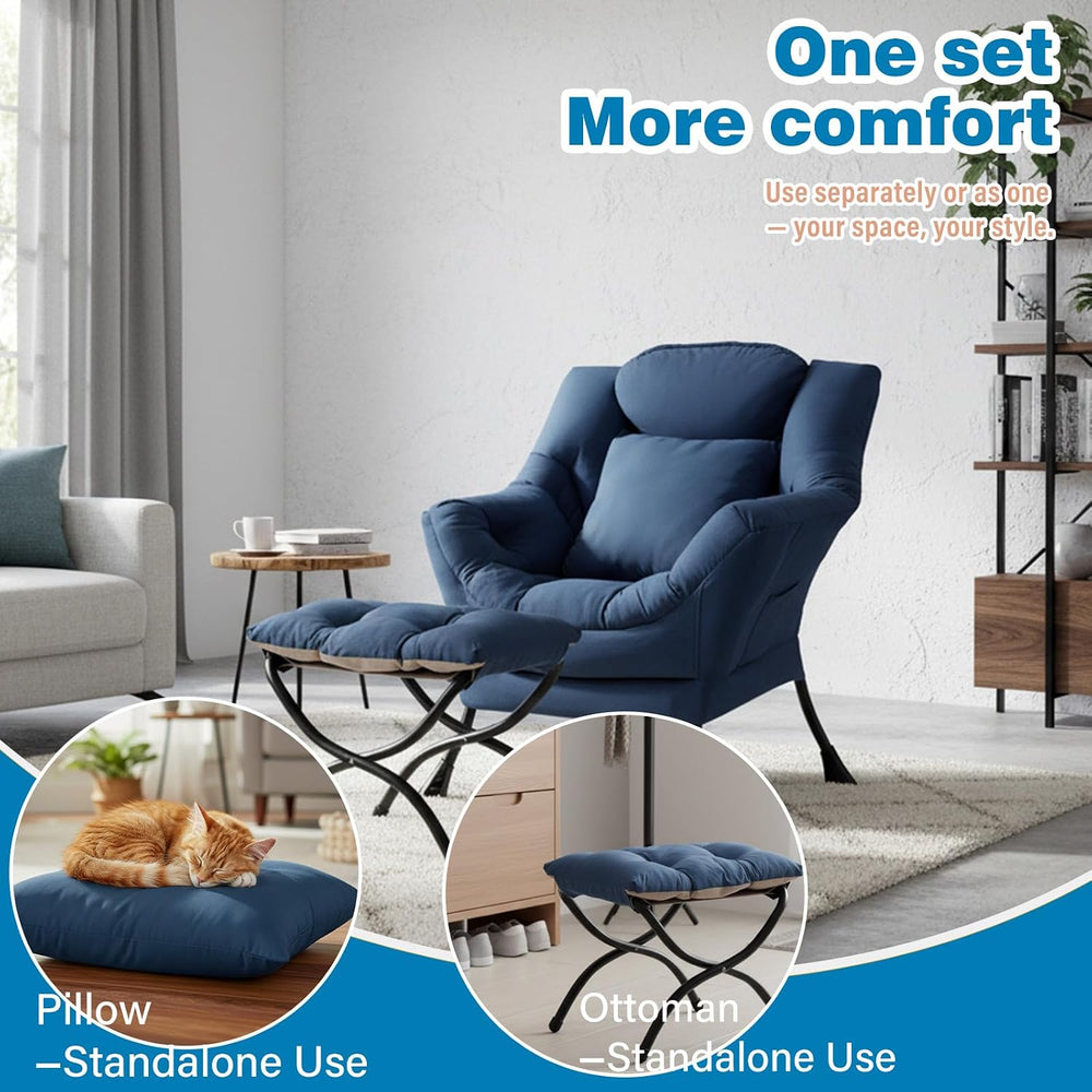 Lazy Chair with Ottoman, Comfy Reading Chair for Bedroom, Blue