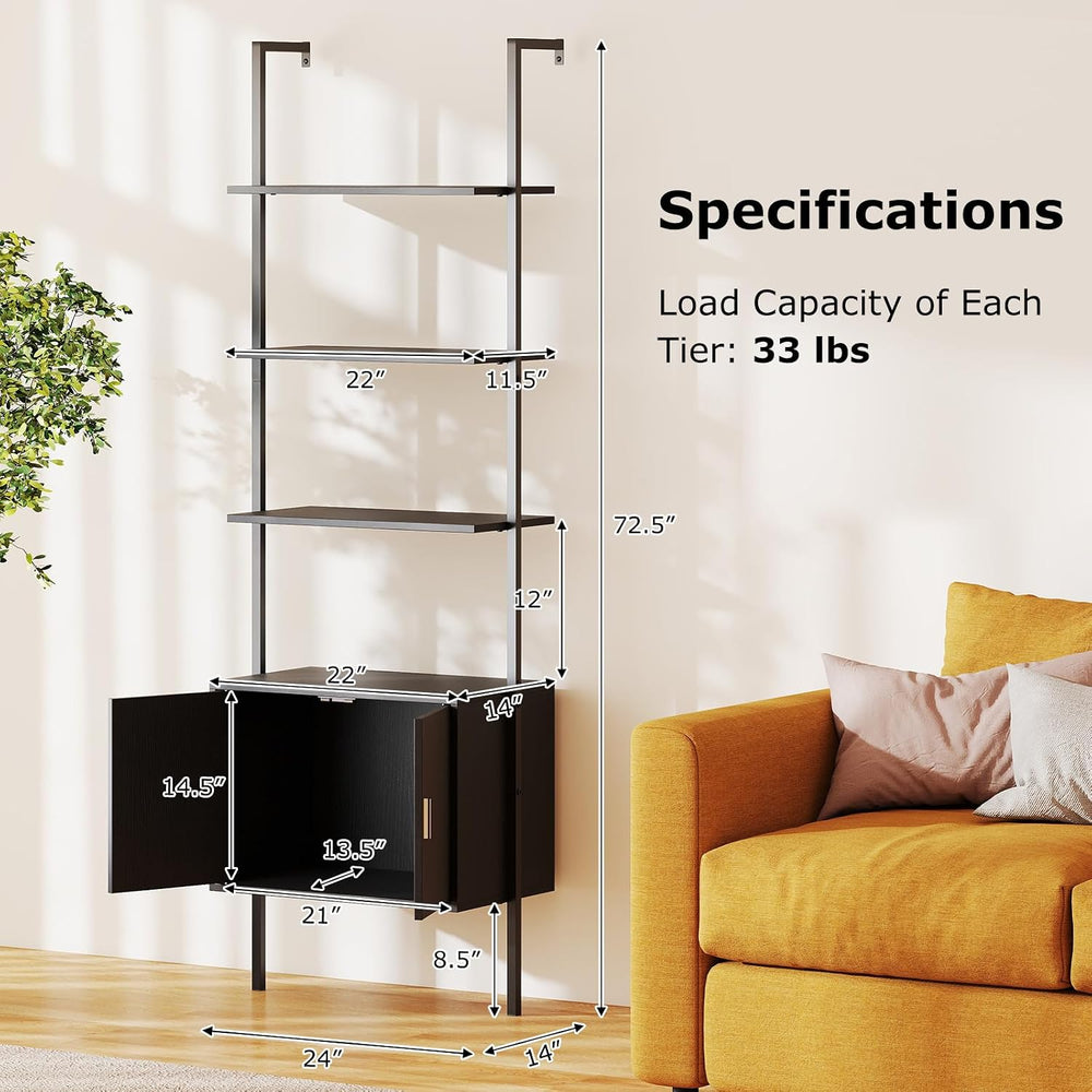 Giantex 72.5" Ladder Bookshelf with Cabinet, 5-Tier Tall Wall-Mounted Sh...